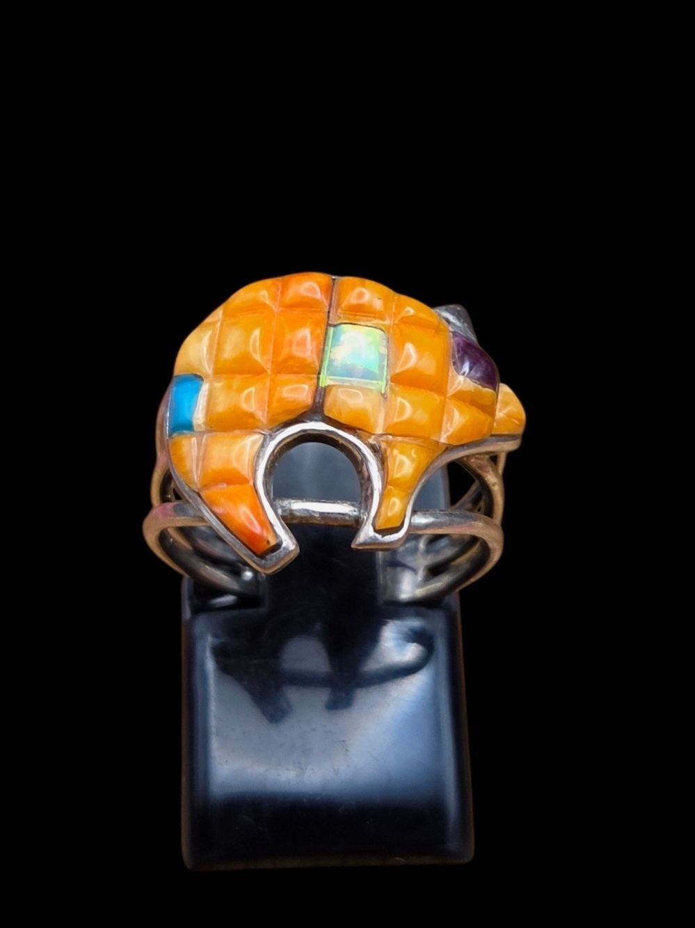 Sterling Silver Orange Spiny Oyster Bear Ring Mosaic Inlay Opal Size 6